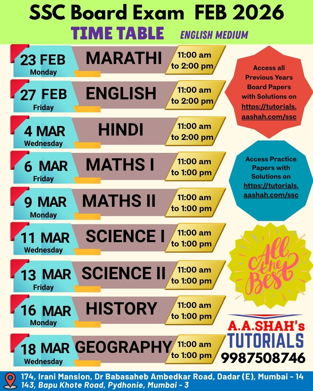 SSC Board Exam Time Tab;e Feb 2026